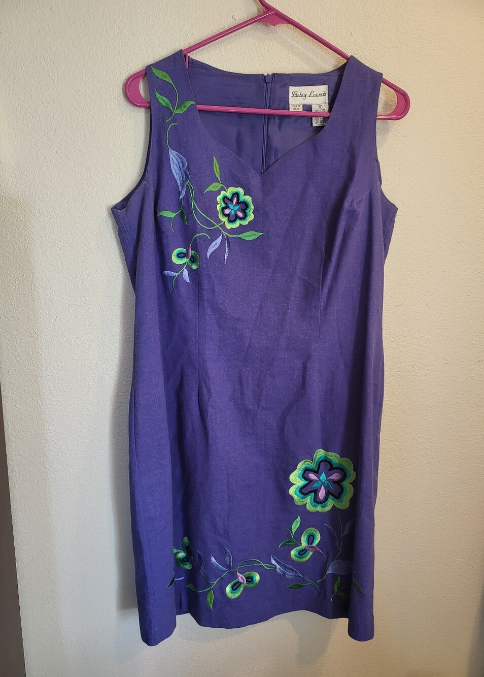 Vintage Betsy Lauren Floral Embroidered Linen Blend Wiggle Dress Women's Size 12
